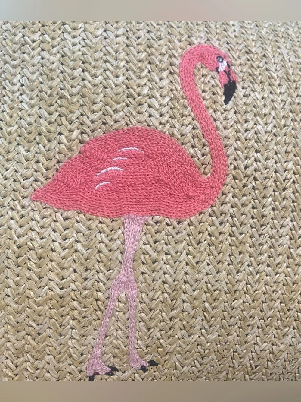 Flamingo In / Outdoor Natural Woven Lumbar Throw Pillow Embroidered 18” x 13”